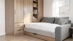 łóżko w szafie z sofą